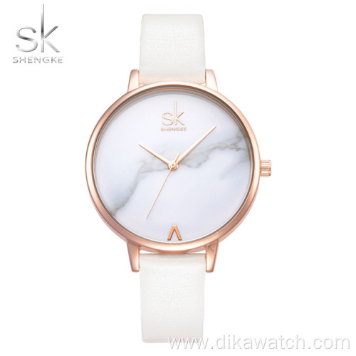 Shengke Top Brand Fashion Ladies Watches Leather Female Quartz Watch Women Thin Casual Strap Watch Reloj Mujer Marble Dial SK